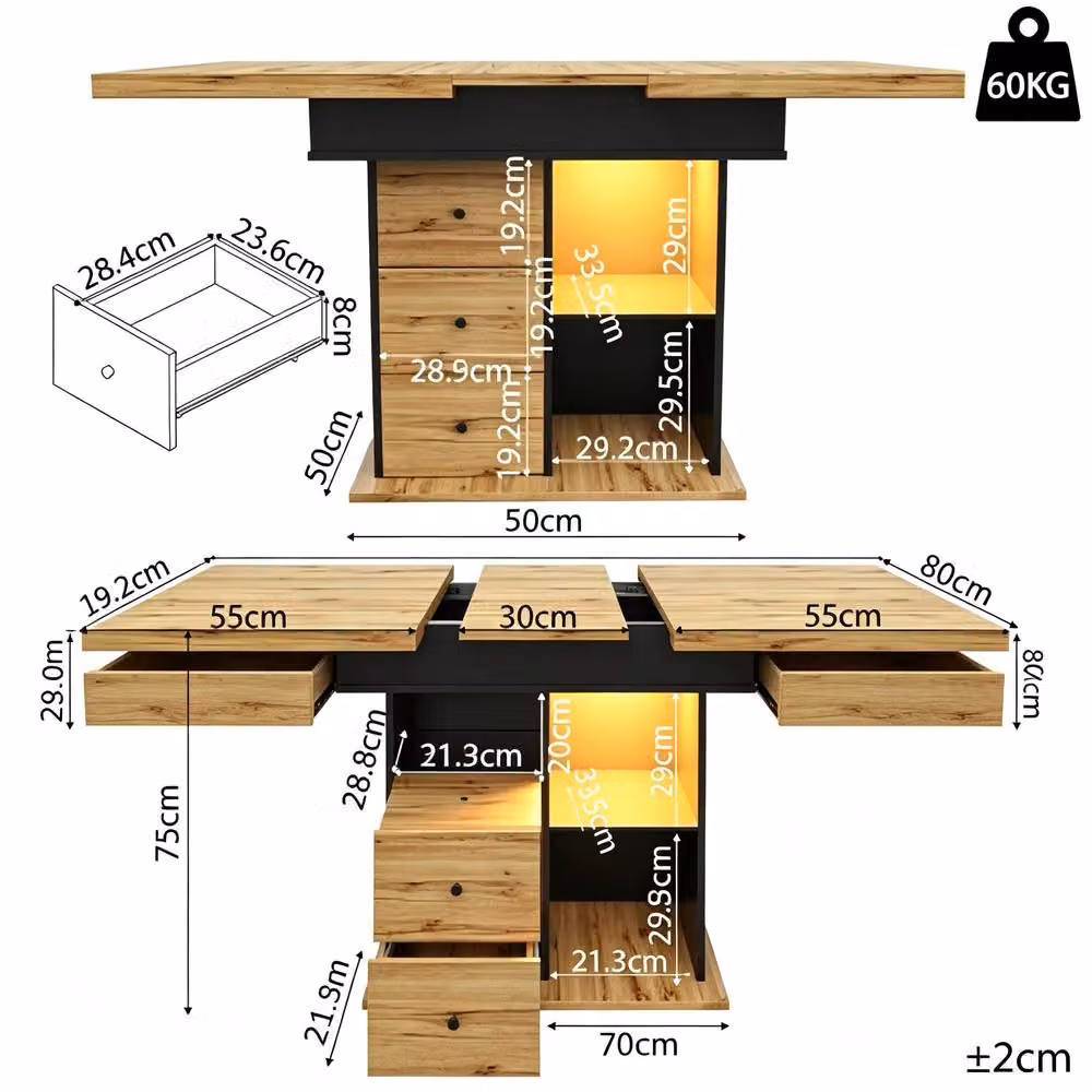 STILVORA Extendable Rectangular Dining Table with LED, USB and Storage in Brown – 3