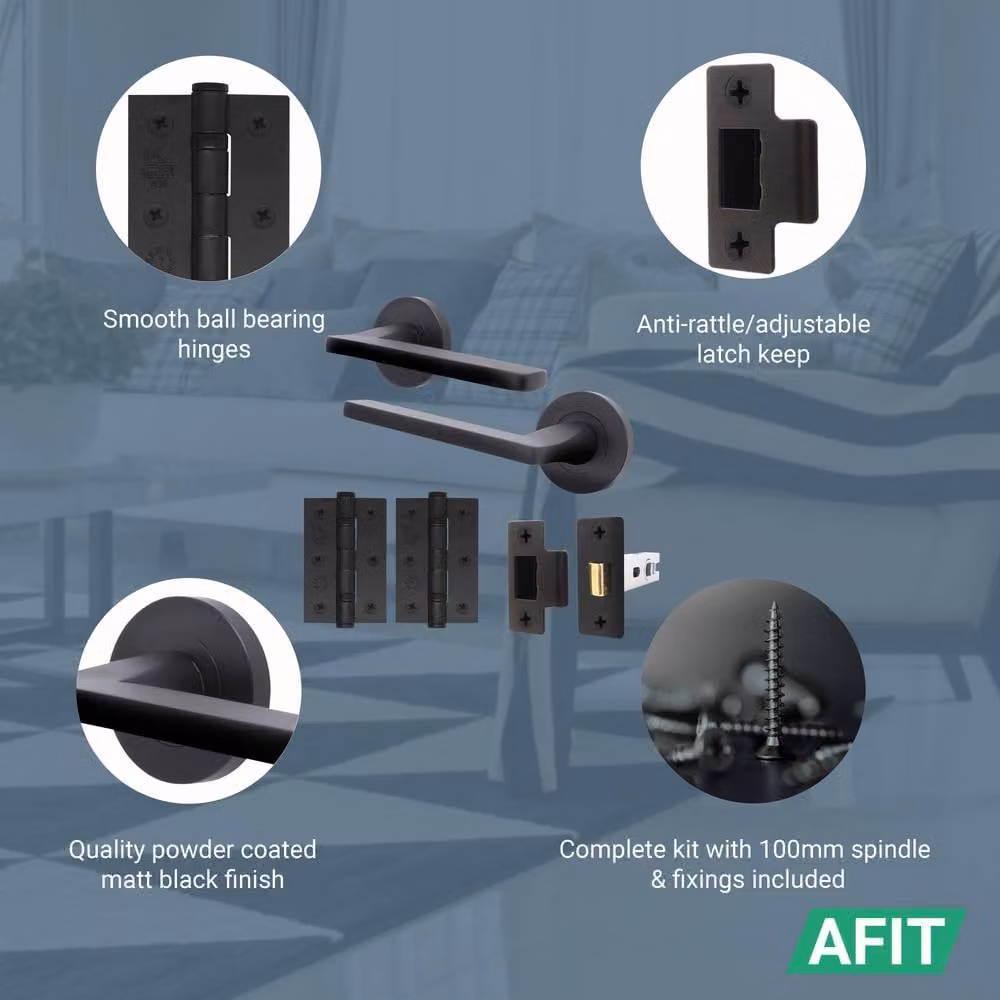 AFIT Matt Black Aluminium Door Handle Latch and Hinge Set, 4 Pack, Size: 150 x 150 mm – 3