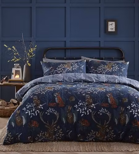Riva Home Forest Fauna Woodland Reversible Duvet Set and Pillowcase in Blue, Polycotton, W/D/H: 180 x 200 cm