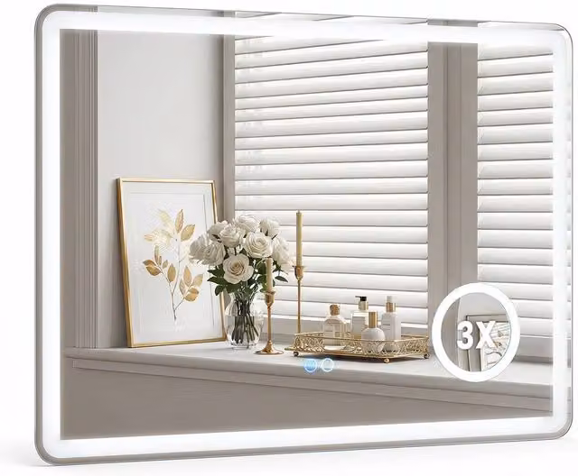 Costway Silver Rectangular Wall Mounted Bathroom Mirror with 3X Magnification and Dimmable LED Light – 1