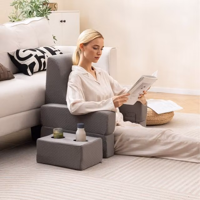 Costway 3-Piece Grey Contoured Wedge Reading Pillow Set for Adults with Breathable Removable Covers