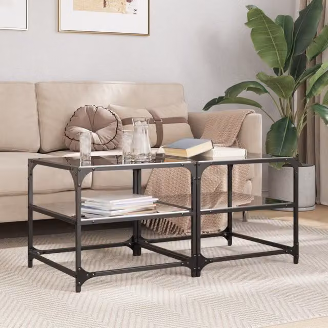 Berkfield Home Set of 2 Black Glass Top Coffee Tables with Steel Frame, W/D/H: 50 x 50 x 45 cm