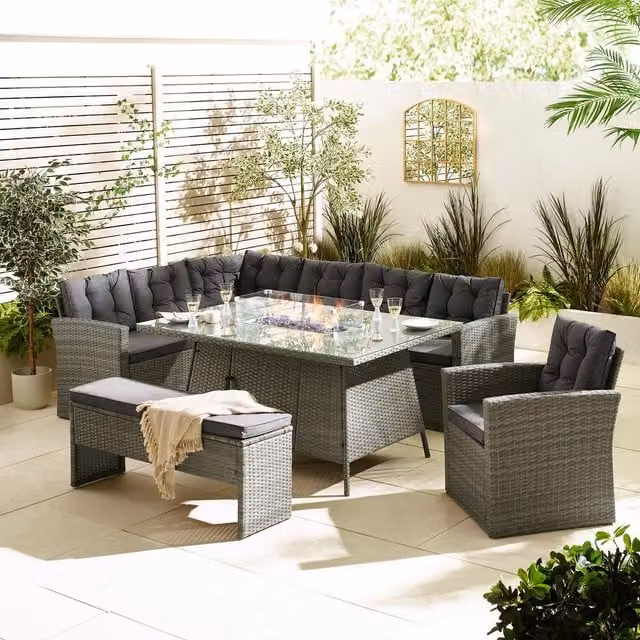 FurnitureboxUK Marbella 9 Seat Grey Polyrattan Garden Dining Set with Firepit Table