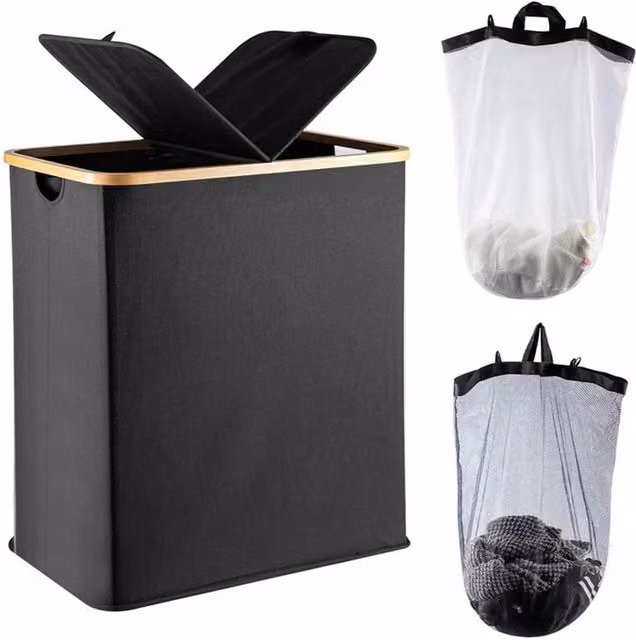 Nordara 140L Laundry Basket with Lid and 2 Removable Bags in Black
