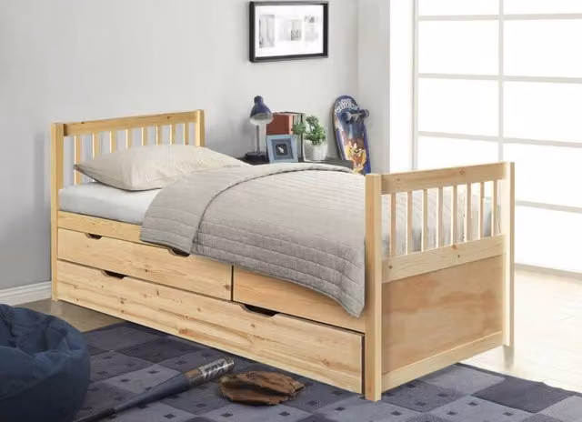 Comfy Living Ltd Single Pine Bed with Storage Drawers and Trundle in Natural, W/D/H: 90 x 200 cm