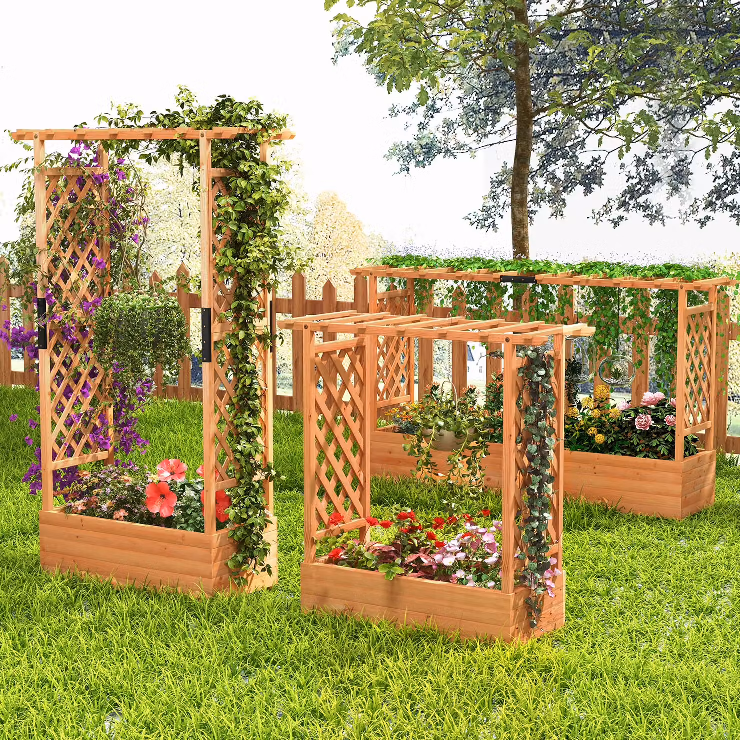Costway Wooden Raised Garden Bed Freestanding Planter with Trellis and Drainage Hole, Orange, W: 180 cm, D: 110 cm, H: 44 cm – 2