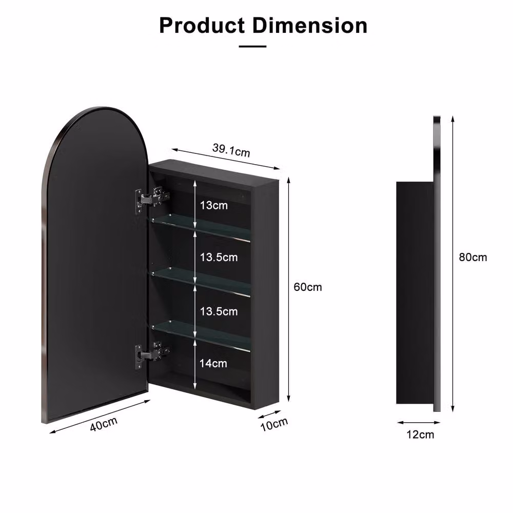 KEEPREAPER Black Arched Bathroom Mirror Cabinet with Metal Frame, W/H: 40 x 80 cm – 8