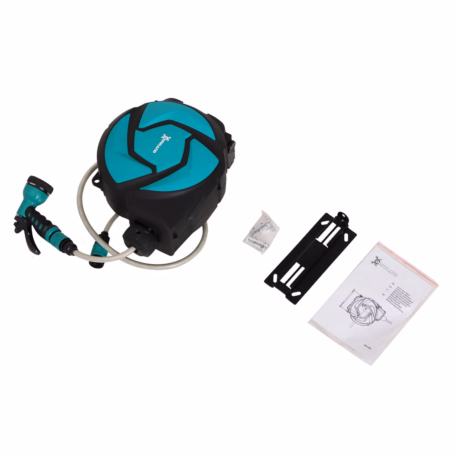 DURHAND Wall Mounted Automatic Retractable Garden Hose Reel in Turquoise with 7 Pattern Spray Nozzle, 10m – 6