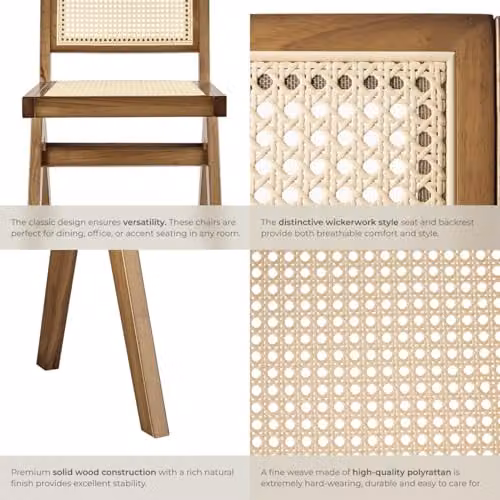 tectake Set of 4 Mid-Century Modern Dining Chairs with Solid Wood Frame and Viennese Wickerwork in Light Brown – 4