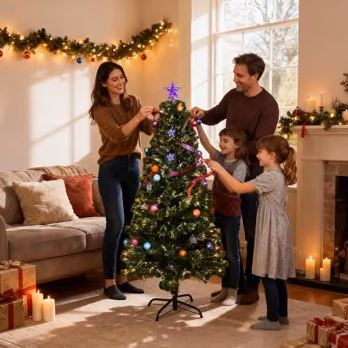 Shatchi 150 cm Green Fibre Optic Pre-Lit Christmas Tree with Multicolour Lights, Baubles and Star Topper – 7