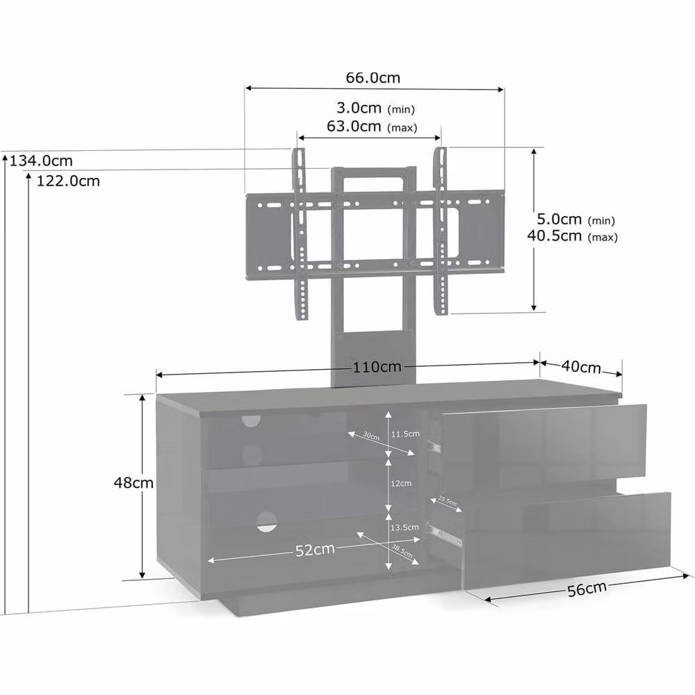 Centurion Supports Gallus Gloss Black TV Cabinet with 2 Drawers, 2 Shelves and Mounting Arm for 32 to 55 inch LED/LCD/Plasma Screens, W/D/H: 110 x 39.5 x 47.5 cm – 5