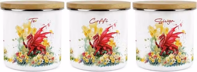 Purely Home Daffodils and Dragon Welsh Tea, Coffee and Sugar Canister Set of 3, Red Floral Ceramic and Enamel Airtight Canisters