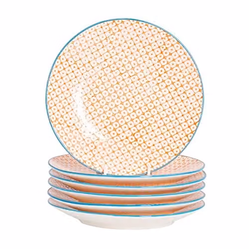 Nicola Spring Hand-Printed Floral Porcelain Side Plates, Orange, Pack of 6, Diameter: 18 cm