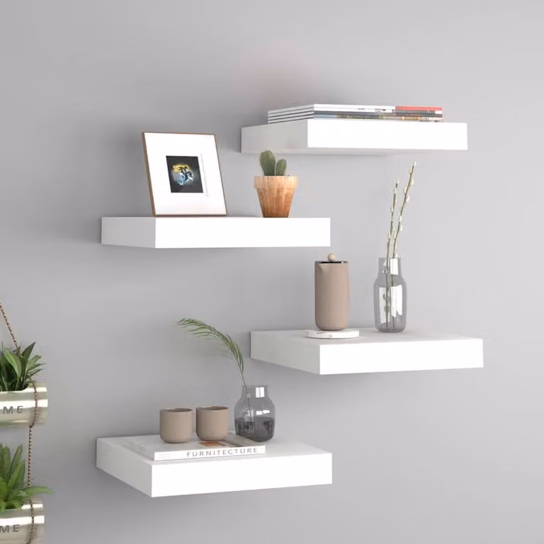 Berkfield Home Set of 4 Durable White MDF Floating Wall Shelves, W/D/H: 23 x 23.5 x 3.8 cm
