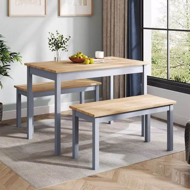 Livingandhome Modern Rectangular Dining Table and Benches Set in Matt Grey