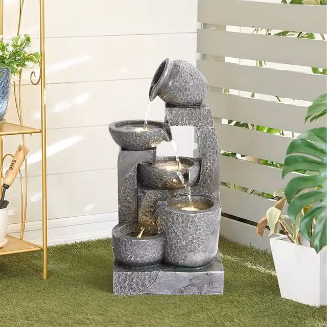 Lifeideas Solar Powered Cascading Tabletop Garden Fountain, Grey, Height: 28 cm