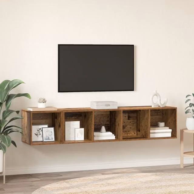 Berkfield Home 2-Piece Wall-Mounted TV Cabinet and Lowboard Set in Brown Old Wood, W/D/H: 37 x 37 x 142.5 cm
