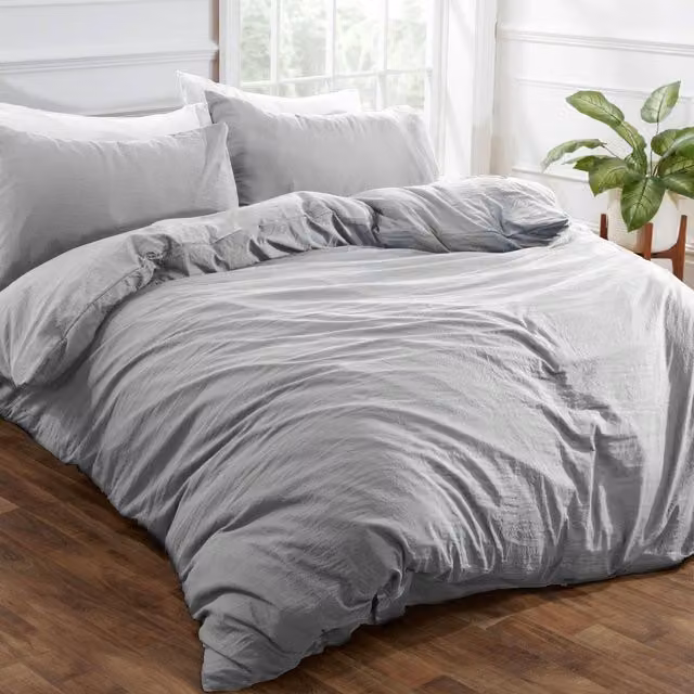 Brentfords Silver Grey Washed Linen Look Microfibre Duvet Cover Set with Pillowcases, W: 180 cm, L: 200 cm