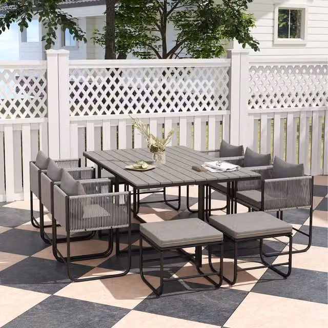 Outsunny Modern Grey Polyrattan Garden Dining Set with Rectangular Table and Chairs