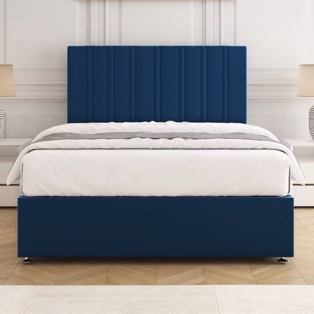 BSSPOKE Sienna Plush Velvet Divan Bed Set with 24 inch Headboard and Mattress in Blue, Single, W/D/H: 90 x 190 cm