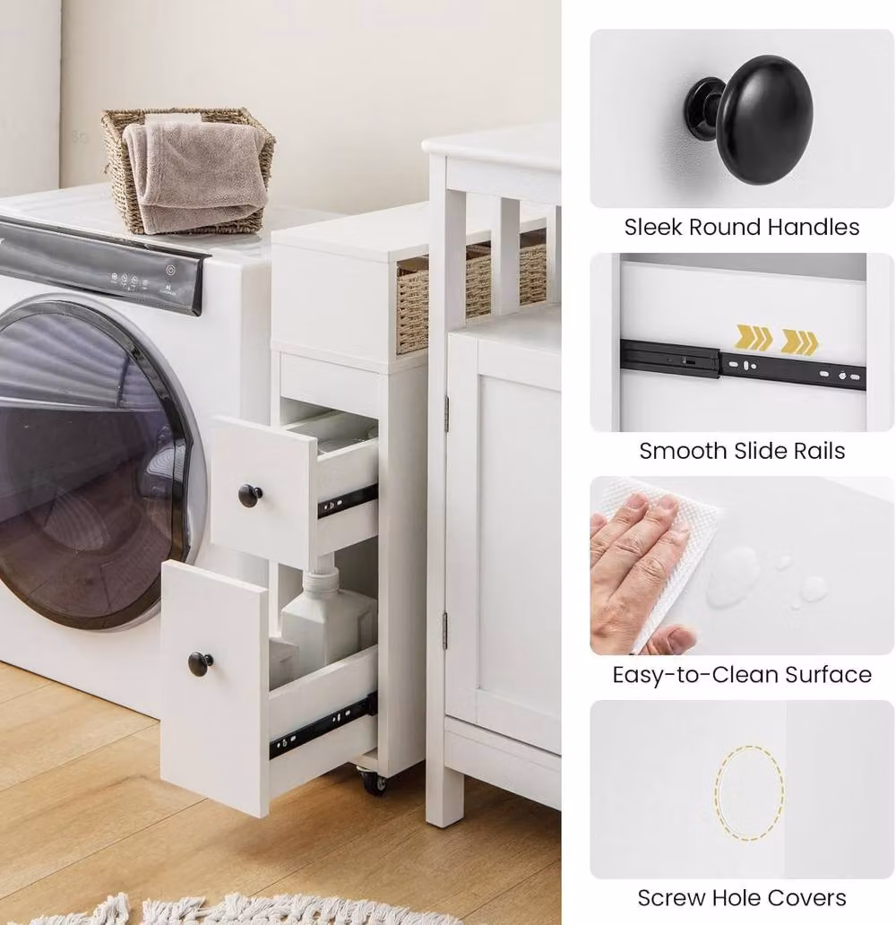 Gymax Narrow Movable Bathroom Cabinet with 2 Rattan Baskets in White – 3