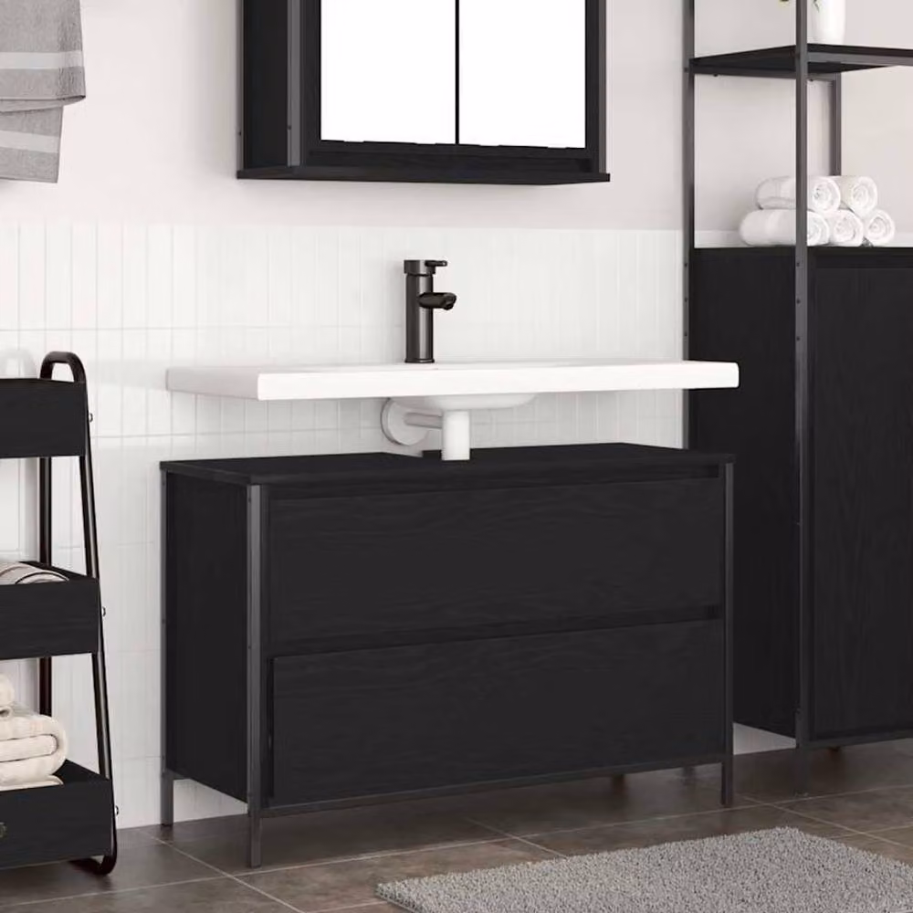 Berkfield Home Black Oak Bathroom Basin Cabinet with Drawers W: 90 cm, D: 34.5 cm, H: 60 cm – 2