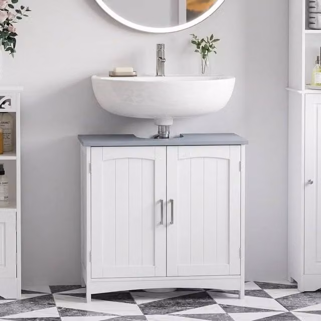 STILVORA White Freestanding Under Sink Bathroom Cabinet with Hinged Doors and Internal Shelves