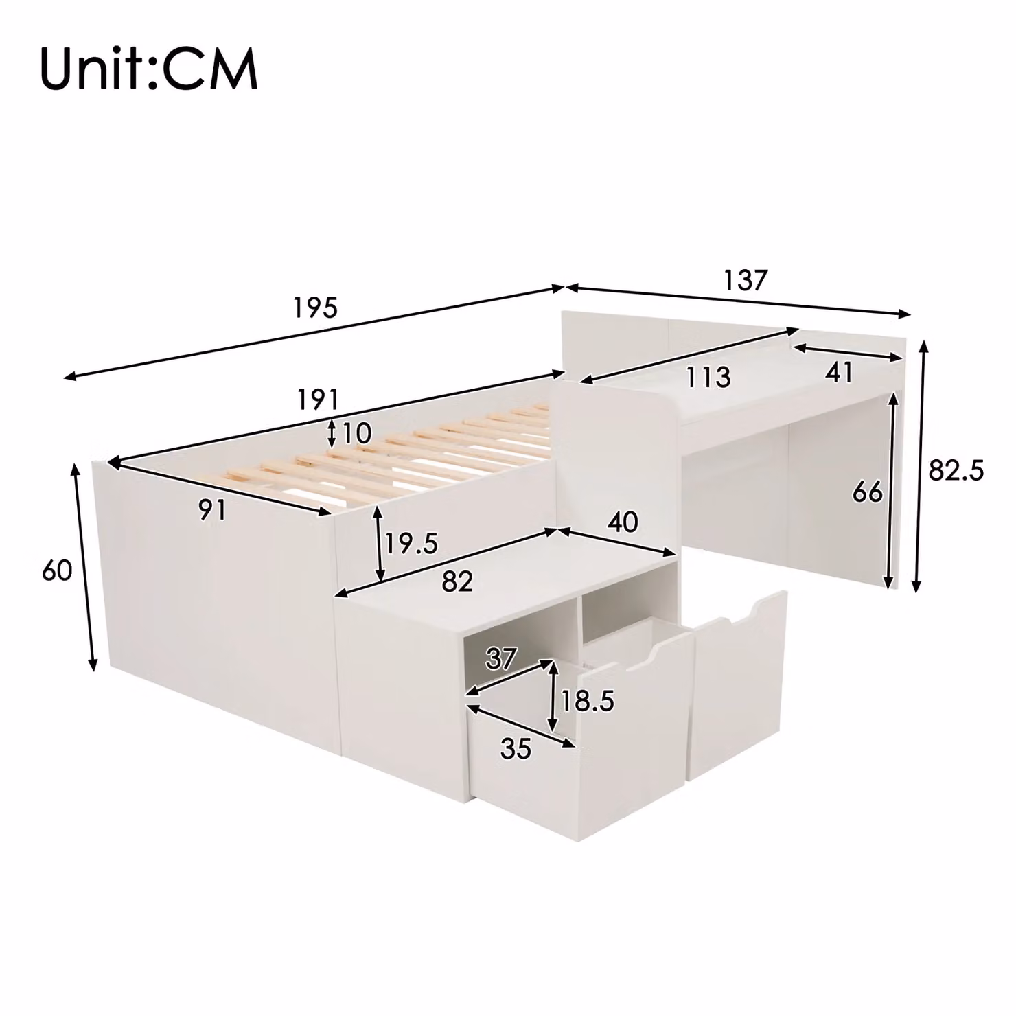 Matteo Kids Single Bed with Desk and Drawers, White, W/D/H: 90 x 190 cm – 2