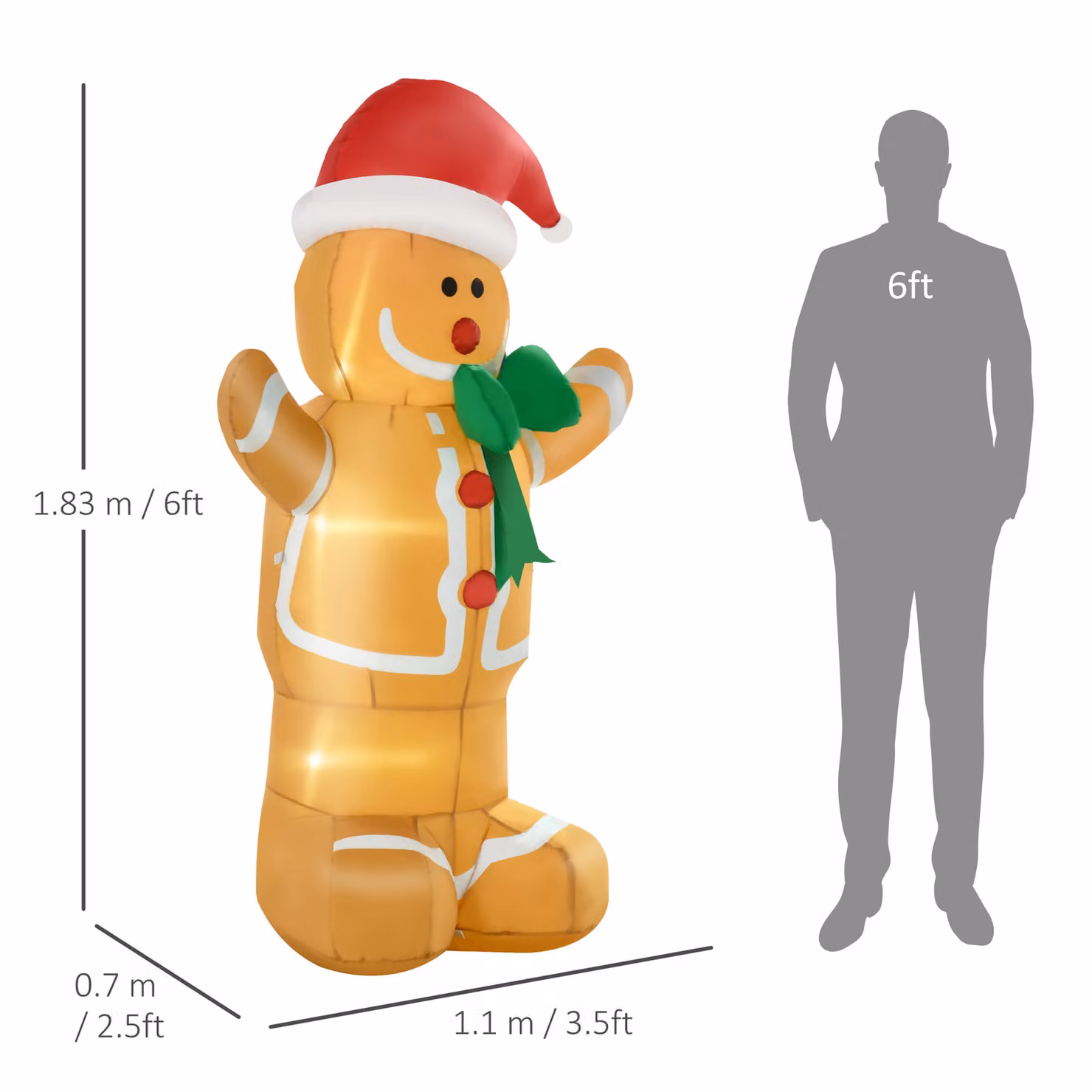 HOMCOM 183cm Inflatable Gingerbread Man Christmas Decoration with LED Lights for Indoor and Outdoor Use – 3
