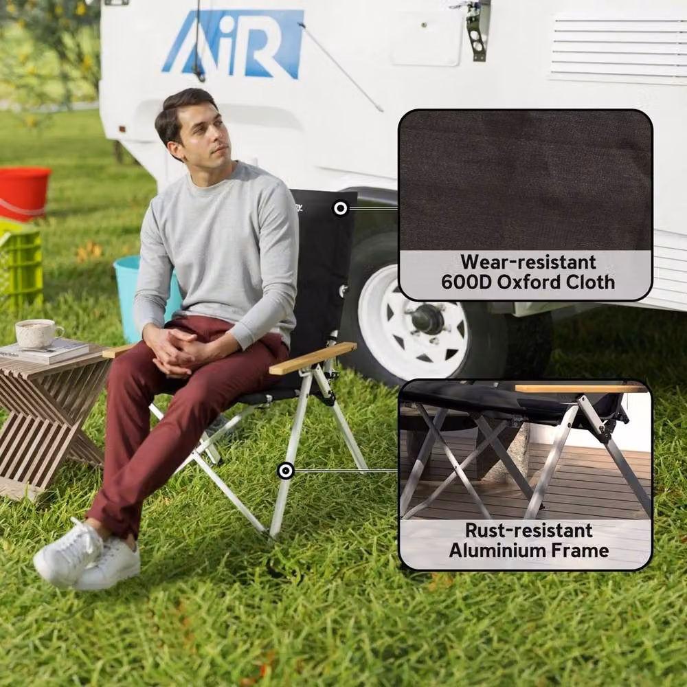 VOGREX Black Padded High Back Folding Recliner Outdoor Camp Chair with Armrests and Carry Bag – 3