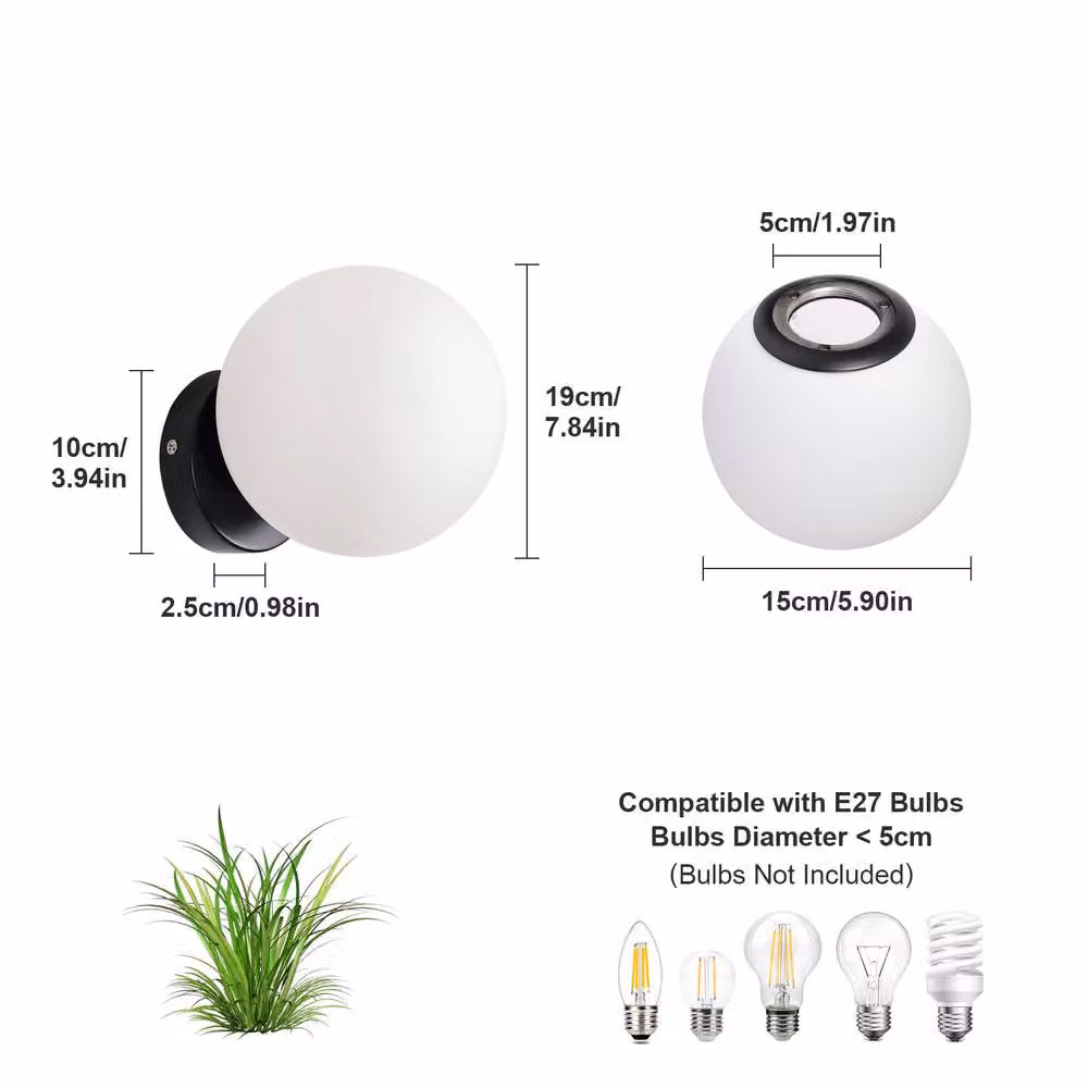 Pheashine Modern Glass Sphere Wall Lamp with Black Base and White E27 LED Bulb – 2