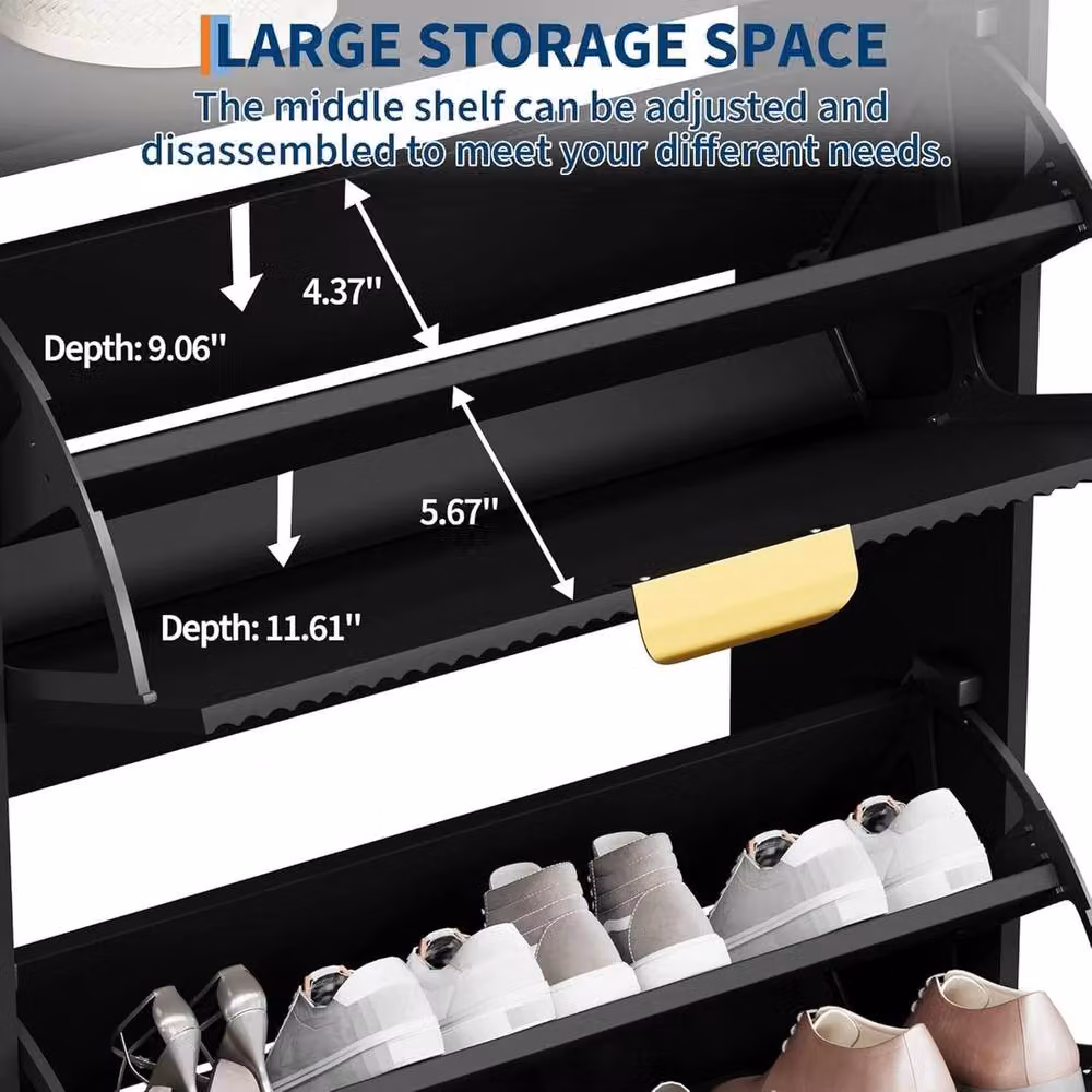 VOGREX Narrow Black Matt Shoe Cabinet with 2 Tilting Compartments and Internal Shelves – 5