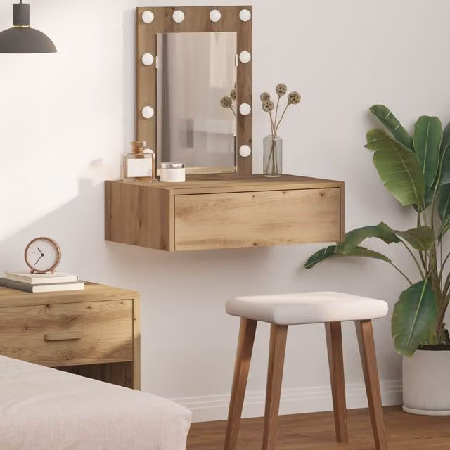 Berkfield Home Wall Hanging Dressing Table with Hollywood LED Lights in Artisan Oak Brown, W/D/H: 70 x 40 x 60 cm