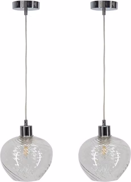 First Choice Lighting Bradson Set of 2 Transparent Swirl Glass Pendant Lights with Chrome Fittings