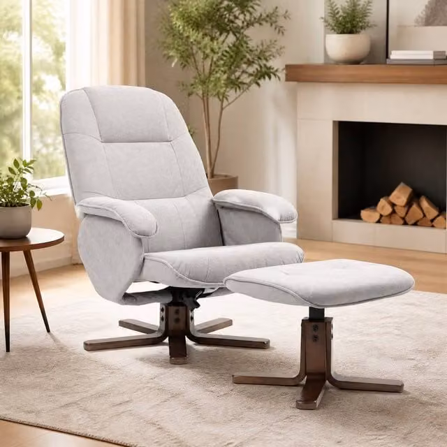 STILVORA Modern Grey Fabric Recliner Chair with Matching Ottoman and 360 Degree Swivel Function