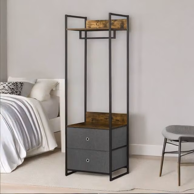 Furnold Industrial Hall Tree Coat Rack with 2 Fabric Drawers in Brown