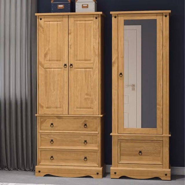 Core Products Ltd Corona Rustic Waxed Pine Armoire with Mirrored Door and Hanging Rod in Brown and Orange