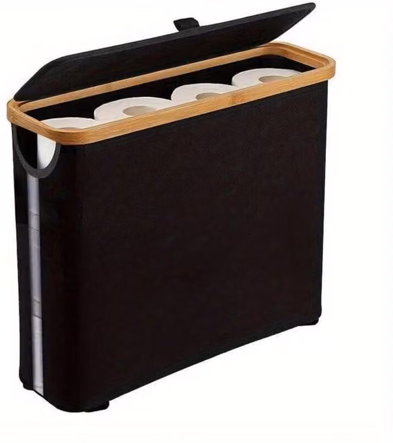 Kelvenix Waterproof Bamboo Toilet Paper Storage Stand with Lid, Black, W: 50 cm