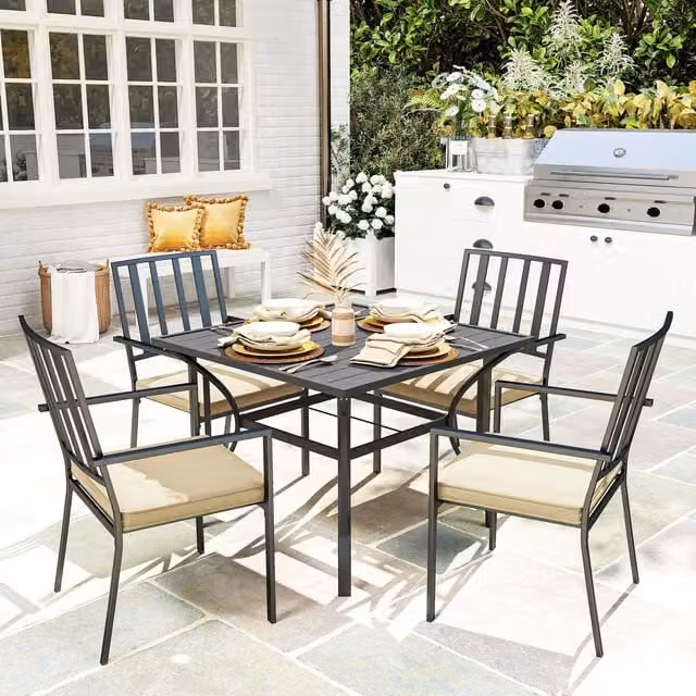 OUTSUNNY Garden Dining Set with 4 Stackable Cushioned Chairs and Matt Black Metal Square Table
