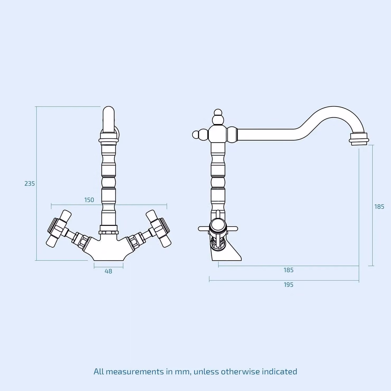 Nes Home Victorian Traditional Twin Cross Handle Kitchen Sink Mono Mixer Tap in Silver Chrome – 2