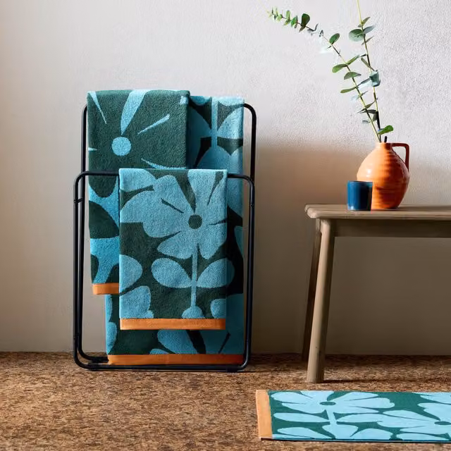 Orla Kiely Wildflower Cotton Towel with Border in Blue Lagoon, Green, Orange and Blue