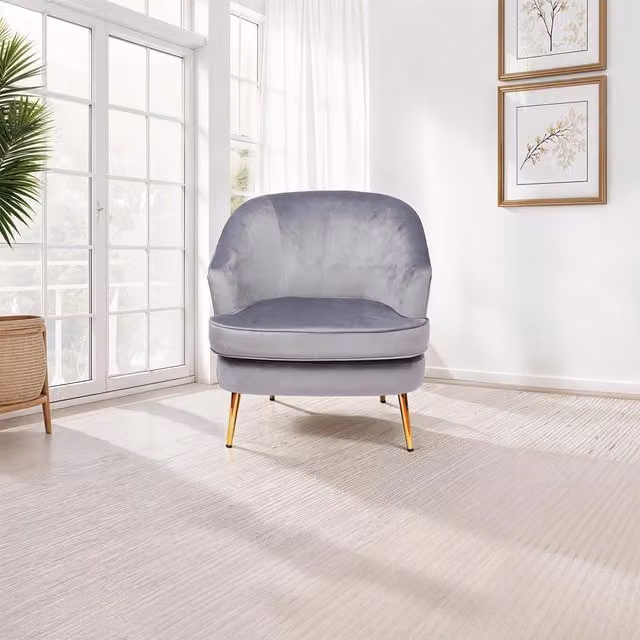 FWStyle Grey Velvet Tub Armchair with Padded Cushions and Gold Metal Legs
