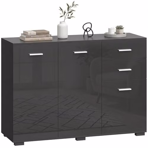 HOMCOM Modern High Gloss Black Sideboard Storage Cabinet – 1