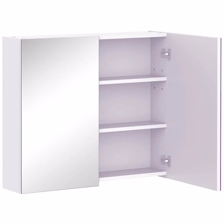 HOMCOM Wall Mounted White Bathroom Mirror Cabinet with Double Hinged Glass Doors and Internal Shelves