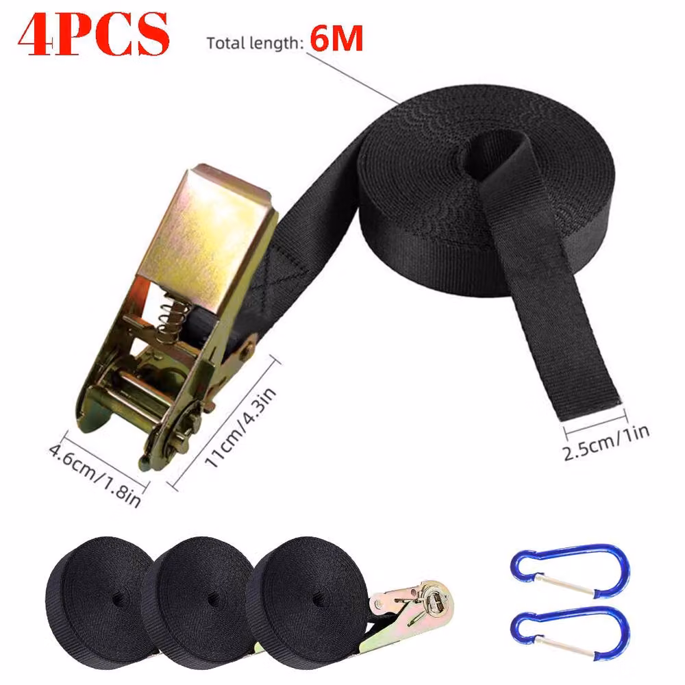 Ventryn 4 Piece Ratchet Tie Down Straps, Black, Length: 6 m, Width: 25 mm – 2