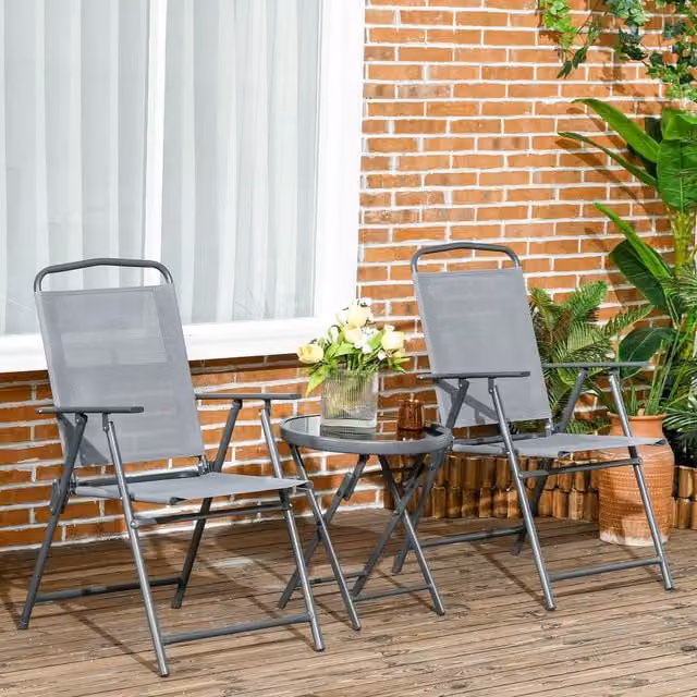 OUTSUNNY Patio Bistro Set with Folding Chairs and Coffee Table in Light Grey – 1