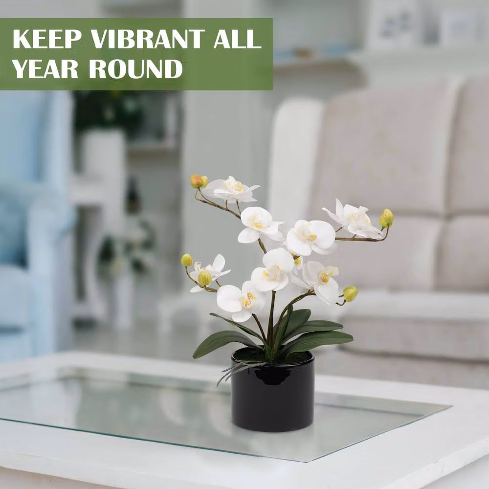 Crystals White Artificial Silk Orchid Flower Potted Tabletop Decor – 6
