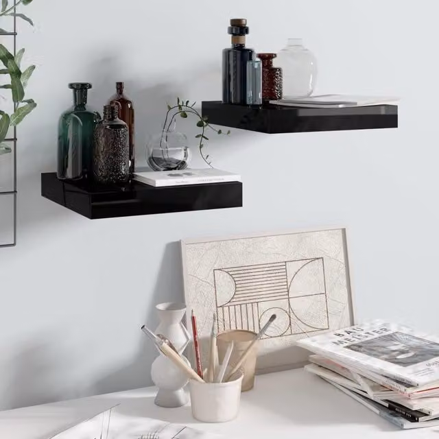 Berkfield Home Set of 2 High Gloss Black Floating Wall Shelves, W/D/H: 23 x 23.5 x 3.8 cm