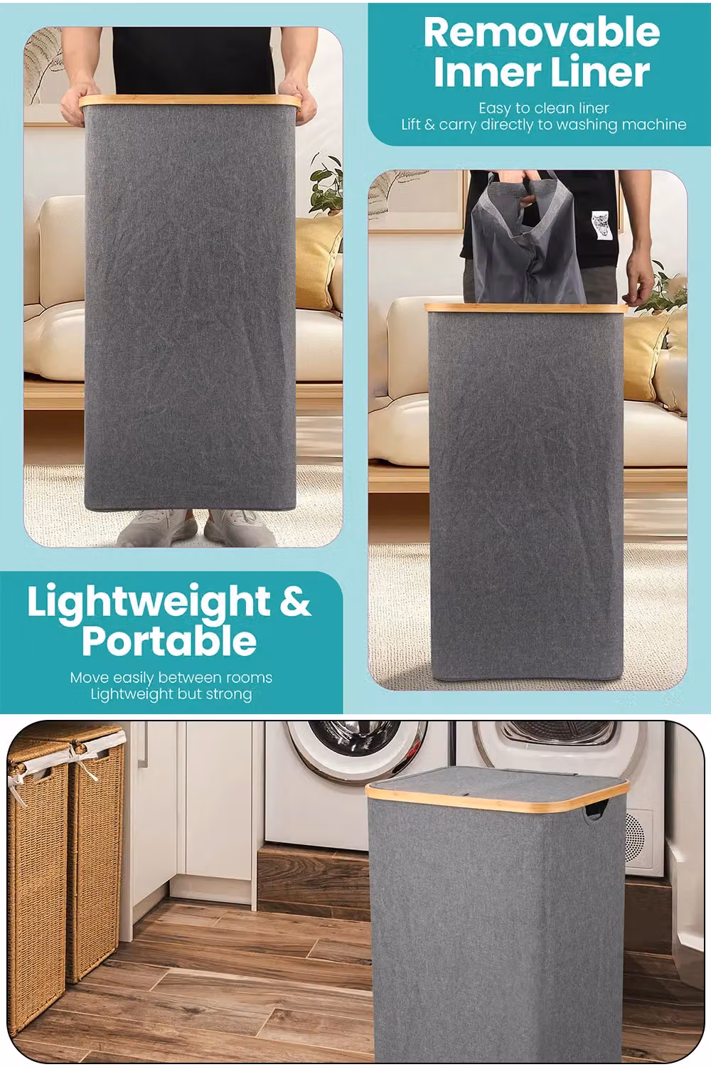 Neel Blue 100L Foldable Laundry Hamper with Lid in Grey and Blue, W/D/H: 40.5 x 40.5 x 75 cm – 3