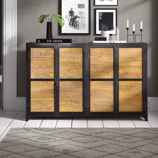 IH Design Industrial Brown Wood and Metal Sideboard Cabinet